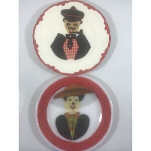 Vtg MCM Federal Glass 3D Folk Art Plates - Mixed Media Portrait Set Man & Woman